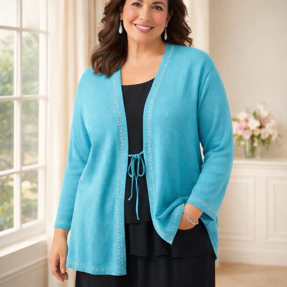 August Max Woman 3X Turquoise‎ Blue Beaded Trim Tie Front Cardigan Sweater Plus